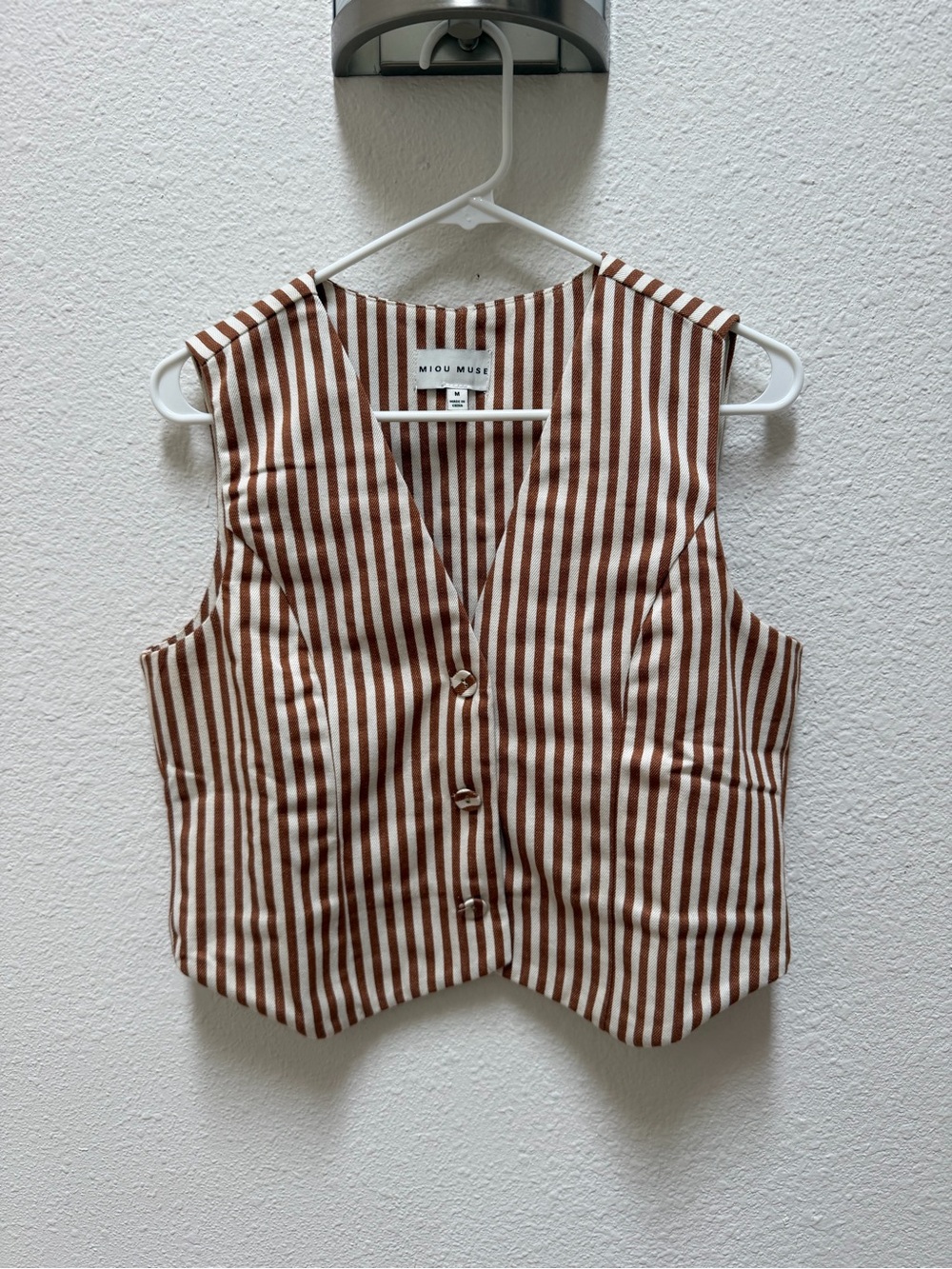 Miou Muse Brown and White Striped Button Vest